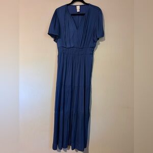Blue Maxi Dress with V-Neck and Smocked Waist